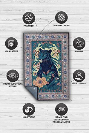 Homshtag Nuh'un Gemisi Koleksiyonu Panter, Çiçek Desenli Art Deco Tarzı Vintage Halı,Çok Renkli Maksimalist Halı