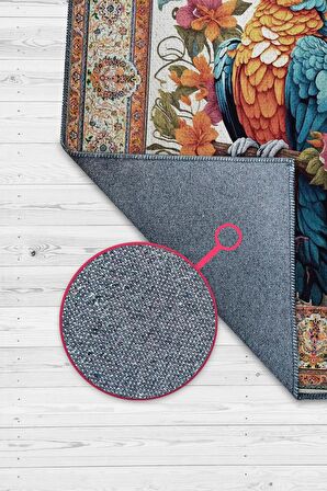 Homshtag Nuh'un Gemisi Koleksiyonu Papağan, Çiçek Desenli Art Deco Tarzı Vintage Halı,Çok Renkli Maksimalist Halı