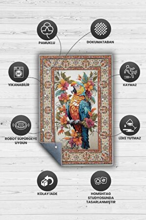 Homshtag Nuh'un Gemisi Koleksiyonu Papağan, Çiçek Desenli Art Deco Tarzı Vintage Halı,Çok Renkli Maksimalist Halı
