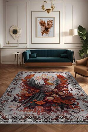 Homshtag Nuh'un Gemisi Koleksiyonu Anka Kuşu, Çiçek Desenli Art Deco Tarzı Vintage Halı,Çok Renkli Maksimalist Halı