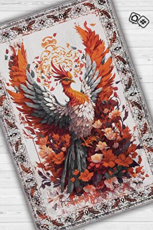 Homshtag Nuh'un Gemisi Koleksiyonu Anka Kuşu, Çiçek Desenli Art Deco Tarzı Vintage Halı,Çok Renkli Maksimalist Halı