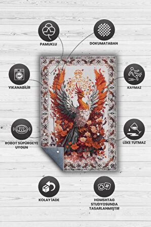 Homshtag Nuh'un Gemisi Koleksiyonu Anka Kuşu, Çiçek Desenli Art Deco Tarzı Vintage Halı,Çok Renkli Maksimalist Halı