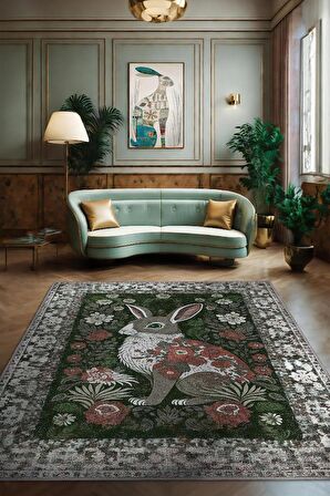 Homshtag Nuh'un Gemisi Koleksiyonu Tavşan, Çiçek Desenli Art Deco Tarzı Vintage Halı,Çok Renkli Maksimalist Halı