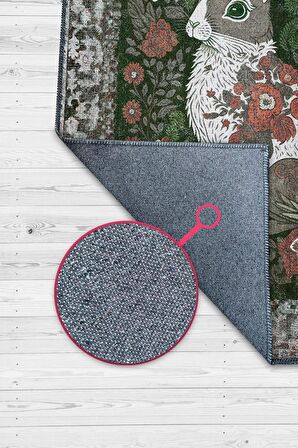 Homshtag Nuh'un Gemisi Koleksiyonu Tavşan, Çiçek Desenli Art Deco Tarzı Vintage Halı,Çok Renkli Maksimalist Halı