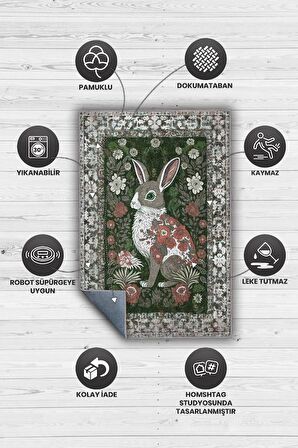 Homshtag Nuh'un Gemisi Koleksiyonu Tavşan, Çiçek Desenli Art Deco Tarzı Vintage Halı,Çok Renkli Maksimalist Halı