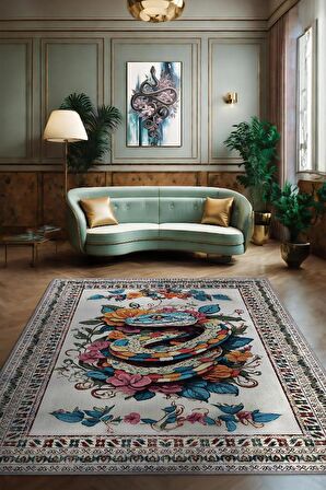 Homshtag Nuh'un Gemisi Koleksiyonu Yılan , Çiçek Desenli Art Deco Tarzı Vintage Halı,Çok Renkli Maksimalist Halı