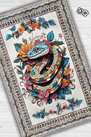 Homshtag Nuh'un Gemisi Koleksiyonu Yılan , Çiçek Desenli Art Deco Tarzı Vintage Halı,Çok Renkli Maksimalist Halı