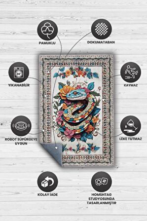 Homshtag Nuh'un Gemisi Koleksiyonu Yılan , Çiçek Desenli Art Deco Tarzı Vintage Halı,Çok Renkli Maksimalist Halı