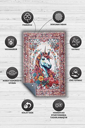 Homshtag Nuh'un Gemisi Koleksiyonu Unicorn, Çiçek Desenli Art Deco Tarzı Vintage Halı,Çok Renkli Maksimalist Halı