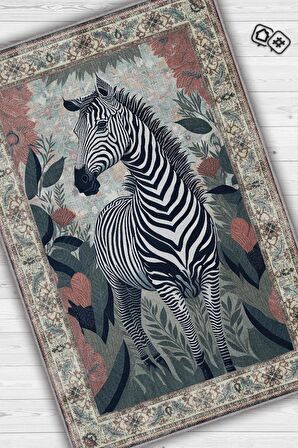 Homshtag Nuh'un Gemisi Koleksiyonu Zebra, Çiçek Desenli Art Deco Tarzı Vintage Halı,Çok Renkli Maksimalist Halı