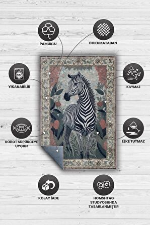 Homshtag Nuh'un Gemisi Koleksiyonu Zebra, Çiçek Desenli Art Deco Tarzı Vintage Halı,Çok Renkli Maksimalist Halı