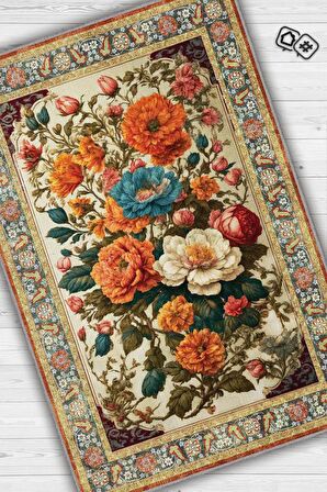 Homshtag Art Deco Renkli Çiçekler Vintage Halı Görünümlü Dijital Baskı Çok Renkli Halı, Dekoratif Rustik Çiçekli Halı