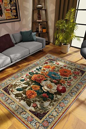 Homshtag Art Deco Renkli Çiçekler Vintage Halı Görünümlü Dijital Baskı Çok Renkli Halı, Dekoratif Rustik Çiçekli Halı