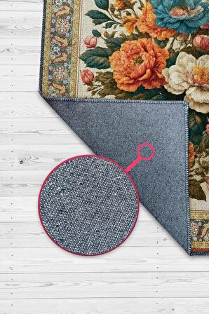 Homshtag Art Deco Renkli Çiçekler Vintage Halı Görünümlü Dijital Baskı Çok Renkli Halı, Dekoratif Rustik Çiçekli Halı