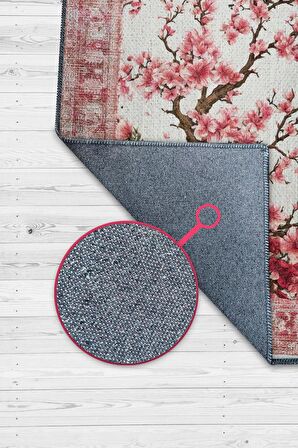 Homshtag Art Deco Bahar Çiçekleri Vintage Halı Görünümlü Dijital Baskı Pembe Halı,Rustik Çiçekli Halı