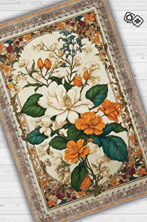 Homshtag Art Deco Yasemin Çiçeği Vintage Halı Görünümlü Dijital Baskı Çok Renkli Halı, Dekoratif Rustik Çiçekli Halı