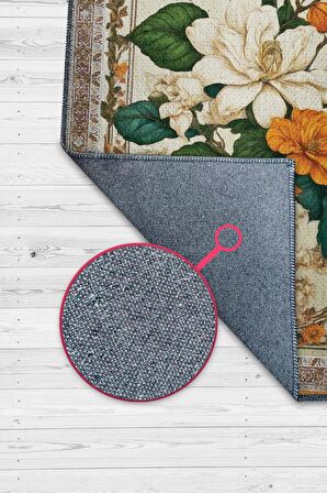 Homshtag Art Deco Yasemin Çiçeği Vintage Halı Görünümlü Dijital Baskı Çok Renkli Halı, Dekoratif Rustik Çiçekli Halı