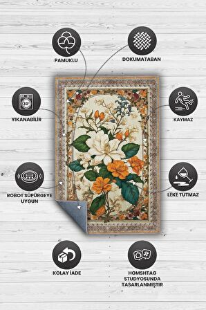Homshtag Art Deco Yasemin Çiçeği Vintage Halı Görünümlü Dijital Baskı Çok Renkli Halı, Dekoratif Rustik Çiçekli Halı