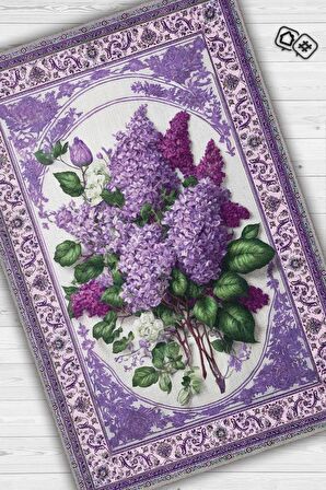 Homshtag Art Deco Leylak Çiçeği Vintage Halı Görünümlü Dijital Baskı Mor Renkli Halı, Dekoratif Rustik Çiçekli Halı