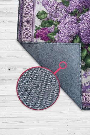 Homshtag Art Deco Leylak Çiçeği Vintage Halı Görünümlü Dijital Baskı Mor Renkli Halı, Dekoratif Rustik Çiçekli Halı