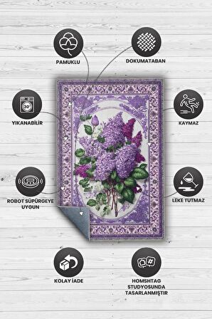 Homshtag Art Deco Leylak Çiçeği Vintage Halı Görünümlü Dijital Baskı Mor Renkli Halı, Dekoratif Rustik Çiçekli Halı