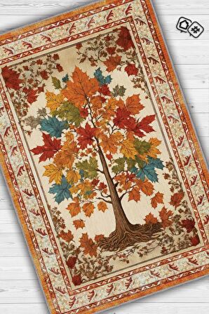 Homshtag Art Deco Çınar Ağacı Vintage Halı Görünümlü Dijital Baskı Çok Renkli Halı, Dekoratif Rustik Çiçekli Halı