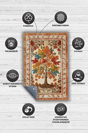 Homshtag Art Deco Çınar Ağacı Vintage Halı Görünümlü Dijital Baskı Çok Renkli Halı, Dekoratif Rustik Çiçekli Halı