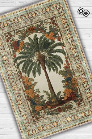 Homshtag Art Deco Palmiye Ağacı Vintage Halı Görünümlü Dijital Baskı Çok Renkli Halı, Dekoratif Rustik Çiçekli Halı