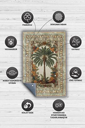 Homshtag Art Deco Palmiye Ağacı Vintage Halı Görünümlü Dijital Baskı Çok Renkli Halı, Dekoratif Rustik Çiçekli Halı