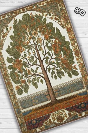 Homshtag Art Deco Kavak Ağacı Vintage Halı Görünümlü Dijital Baskı Renkli Halı,Rustik Çiçekli Halı