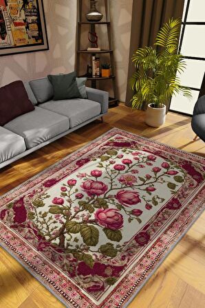 Homshtag Art Deco Erguvan Çiçeği Vintage Halı Görünümlü Dijital Baskı Pembe Renkli Halı, Dekoratif Rustik Çiçekli Halı
