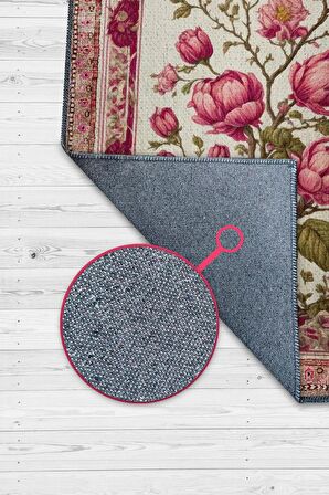 Homshtag Art Deco Erguvan Çiçeği Vintage Halı Görünümlü Dijital Baskı Pembe Renkli Halı, Dekoratif Rustik Çiçekli Halı