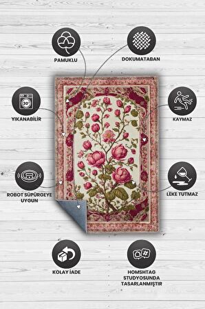 Homshtag Art Deco Erguvan Çiçeği Vintage Halı Görünümlü Dijital Baskı Pembe Renkli Halı, Dekoratif Rustik Çiçekli Halı