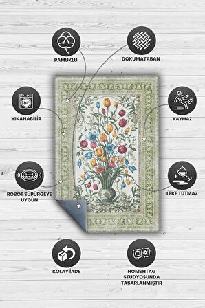 Homshtag Art Deco Tomurcuk Çiçeği Vintage Halı Görünümlü Dijital Baskı Çok Renkli Halı, Dekoratif Rustik Çiçekli Halı