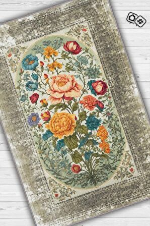 Homshtag Art Deco Bahar Çiçeği Vintage Halı Görünümlü Dijital Baskı Çok Renkli Halı, Dekoratif Rustik Çiçekli Halı