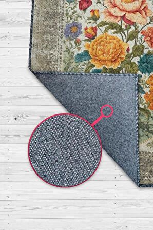 Homshtag Art Deco Bahar Çiçeği Vintage Halı Görünümlü Dijital Baskı Çok Renkli Halı, Dekoratif Rustik Çiçekli Halı