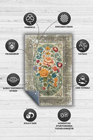 Homshtag Art Deco Bahar Çiçeği Vintage Halı Görünümlü Dijital Baskı Çok Renkli Halı, Dekoratif Rustik Çiçekli Halı