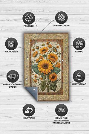 Homshtag Art Deco Ay Çiçeği Vintage Halı Görünümlü Dijital Baskı Çok Renkli Halı, Dekoratif Rustik Çiçekli Halı