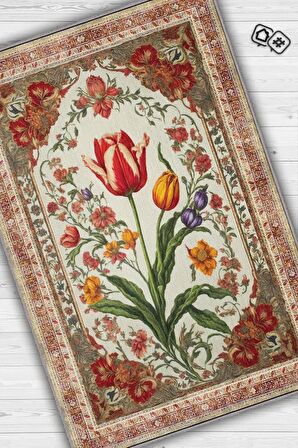 Homshtag Art Deco Lale Çiçeği Vintage Halı Görünümlü Dijital Baskı Renkli Halı, Rustik Çiçekli Halı