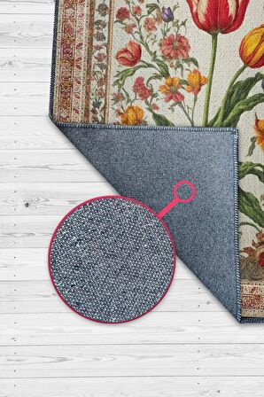 Homshtag Art Deco Lale Çiçeği Vintage Halı Görünümlü Dijital Baskı Renkli Halı, Rustik Çiçekli Halı
