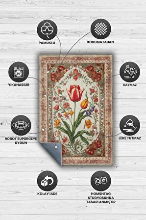 Homshtag Art Deco Lale Çiçeği Vintage Halı Görünümlü Dijital Baskı Renkli Halı, Rustik Çiçekli Halı
