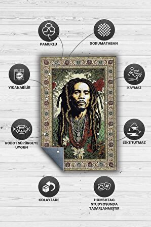 Homshtag Bob Marley, Modern Çiçek Desenli Art Deco Vintage Halı,Çok Renkli Maksimalist Halı