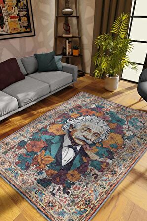 Homshtag Albert Einstein,Modern Çiçek Desenli Art Deco Vintage Halı,Çok Renkli Maksimalist Halı