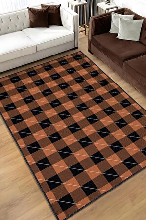 Homshtag Ekose Desenli Halı Turuncu Siyah Renk Salon Halısı Tasarım Halı Hasır Görünümlü Ekose Halı 