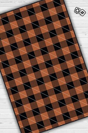 Homshtag Ekose Desenli Halı Turuncu Siyah Renk Salon Halısı Tasarım Halı Hasır Görünümlü Ekose Halı 