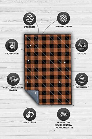 Homshtag Ekose Desenli Halı Turuncu Siyah Renk Salon Halısı Tasarım Halı Hasır Görünümlü Ekose Halı 