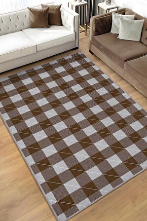 Homshtag Ekose Desenli Halı Kahverengi Gri Renk Salon Halısı Tasarım Halı Hasır Görünümlü Ekose Halı