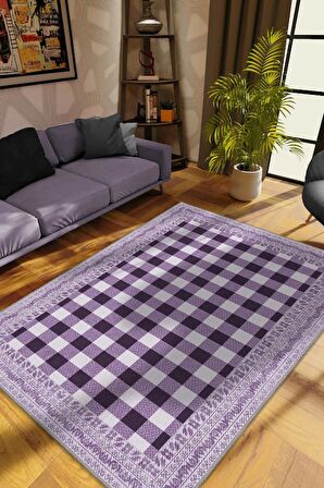 Homshtag Ekose Desenli Mor Renkli Halı Vintage Bordürlü Halı Hasır Görünümlü Damalı Halı