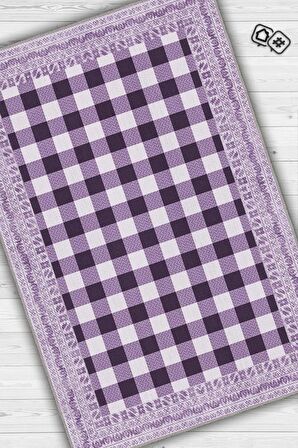 Homshtag Ekose Desenli Mor Renkli Halı Vintage Bordürlü Halı Hasır Görünümlü Damalı Halı