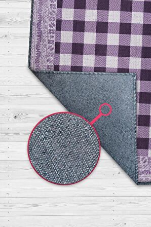 Homshtag Ekose Desenli Mor Renkli Halı Vintage Bordürlü Halı Hasır Görünümlü Damalı Halı